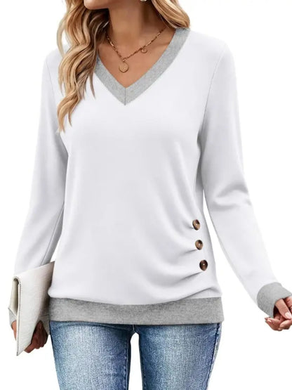 Women V-Neck Tunic Top with Leopard Contrast Trim Solid Style