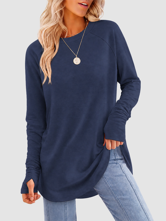 Womens Long Sleeve Crew Neck Tunic Top Relaxed Curved Hem Casual Tee