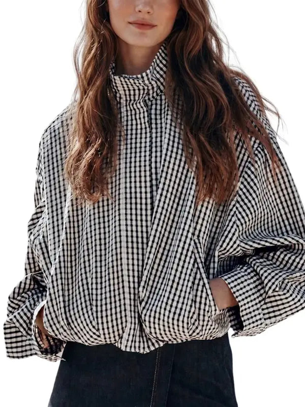 Women Gingham Plaid Zip‑Up Stand Collar Cropped Batwing Sleeve Jacket