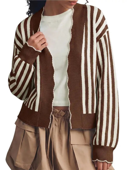 Women Striped Collared Open Front Cardigan Contrast Stitch Long Sleeve Sweater