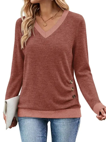 Women V-Neck Tunic Top with Leopard Contrast Trim Solid Style