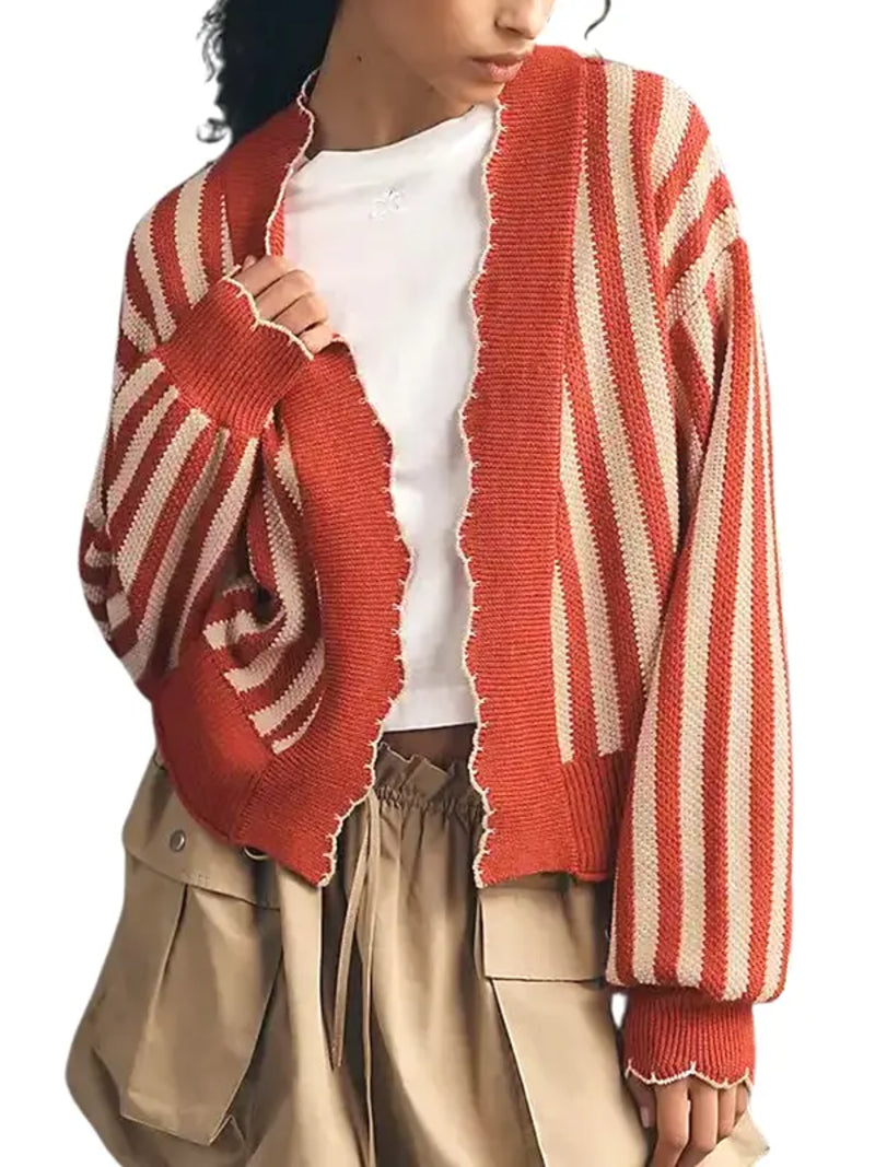 Women Striped Collared Open Front Cardigan Contrast Stitch Long Sleeve Sweater