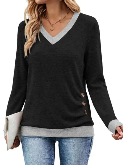 Women V-Neck Tunic Top with Leopard Contrast Trim Solid Style