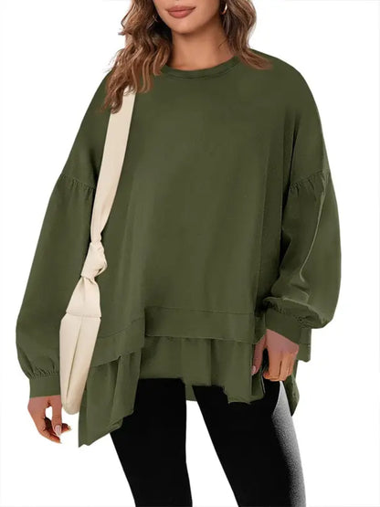 Women Oversized Peplum Asymmetrical Hem Crew Neck Long Sleeve Casual Top
