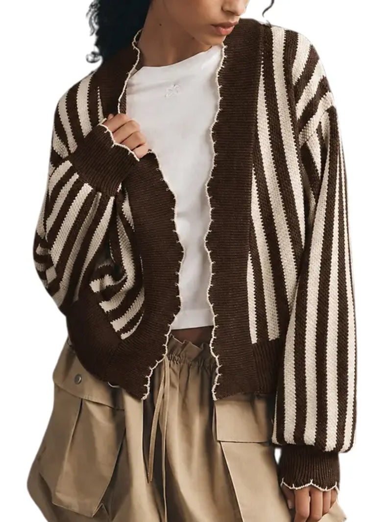 Women Striped Collared Open Front Cardigan Contrast Stitch Long Sleeve Sweater