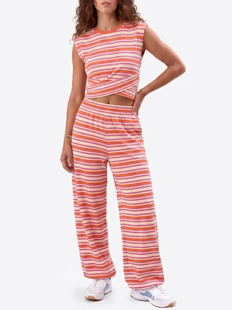 Women Twist Front Cap Sleeve Crop Top Jogger Set