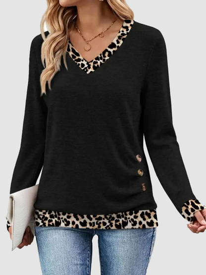 Women V-Neck Tunic Top with Leopard Contrast Trim Solid Style