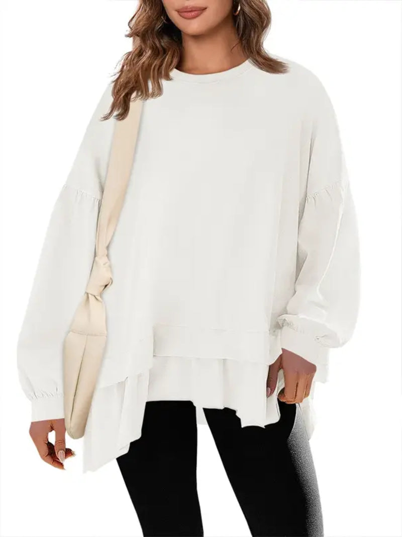 Women Oversized Peplum Asymmetrical Hem Crew Neck Long Sleeve Casual Top
