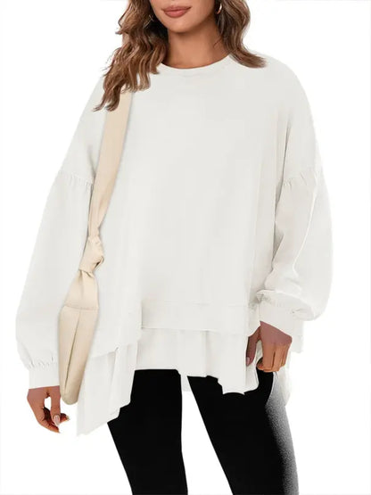 Women Oversized Peplum Asymmetrical Hem Crew Neck Long Sleeve Casual Top