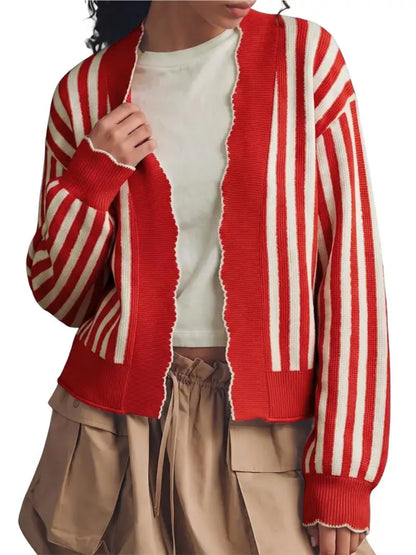 Women Striped Collared Open Front Cardigan Contrast Stitch Long Sleeve Sweater