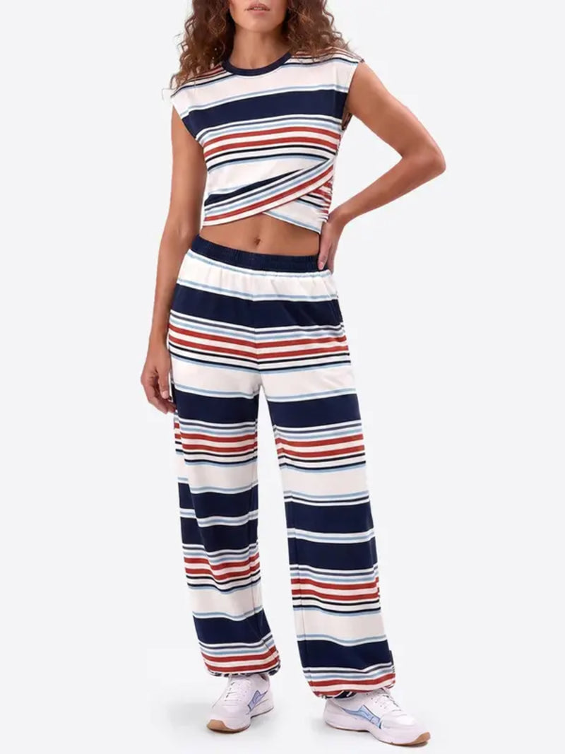 Women Twist Front Cap Sleeve Crop Top Jogger Set