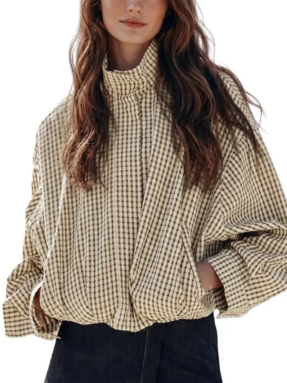 Women Gingham Plaid Zip‑Up Stand Collar Cropped Batwing Sleeve Jacket