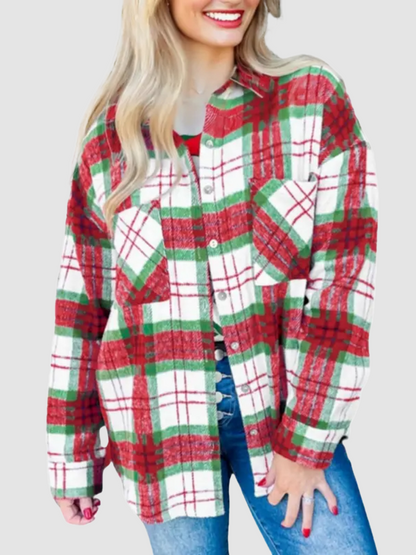 Hot Sale-Women's Long Sleeve Christmas Plaid Flannel Shacket with Pockets
