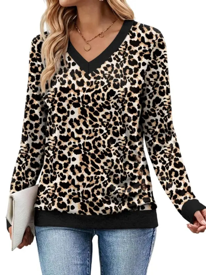 Women V-Neck Tunic Top with Leopard Contrast Trim Solid Style