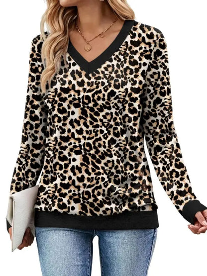 Women V-Neck Tunic Top with Leopard Contrast Trim Solid Style