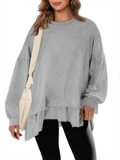 Women Oversized Peplum Asymmetrical Hem Crew Neck Long Sleeve Casual Top