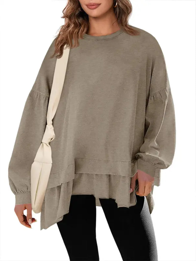 Women Oversized Peplum Asymmetrical Hem Crew Neck Long Sleeve Casual Top