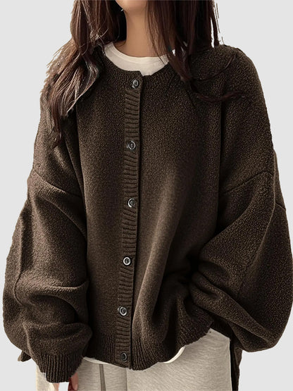 Loose Round Neck Knit Cardigan & Basic Button‑Up Lantern‑Sleeve Outer Top