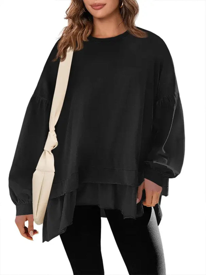 Women Oversized Peplum Asymmetrical Hem Crew Neck Long Sleeve Casual Top