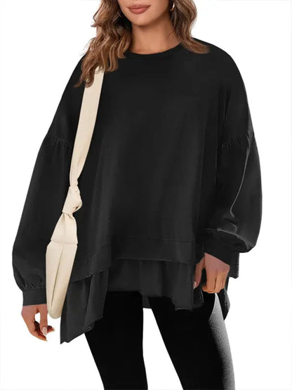 Women Oversized Peplum Asymmetrical Hem Crew Neck Long Sleeve Casual Top
