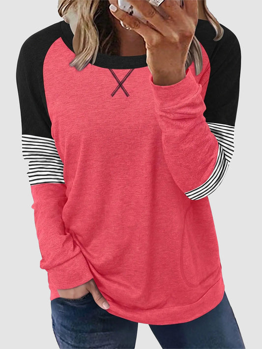 Women Color Block Raglan Long Sleeve Top With Side Pocket
