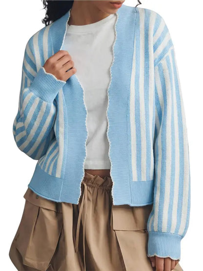 Women Striped Collared Open Front Cardigan Contrast Stitch Long Sleeve Sweater
