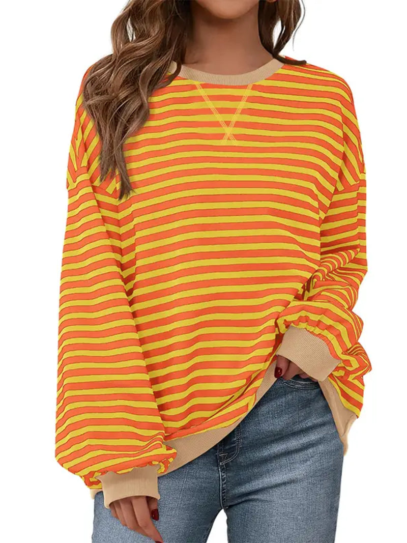 Women Striped Crew Neck Lantern Long Sleeve Loose Sweatshirt Top