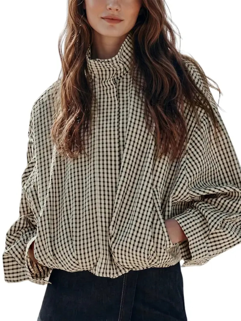 Women Gingham Plaid Zip‑Up Stand Collar Cropped Batwing Sleeve Jacket