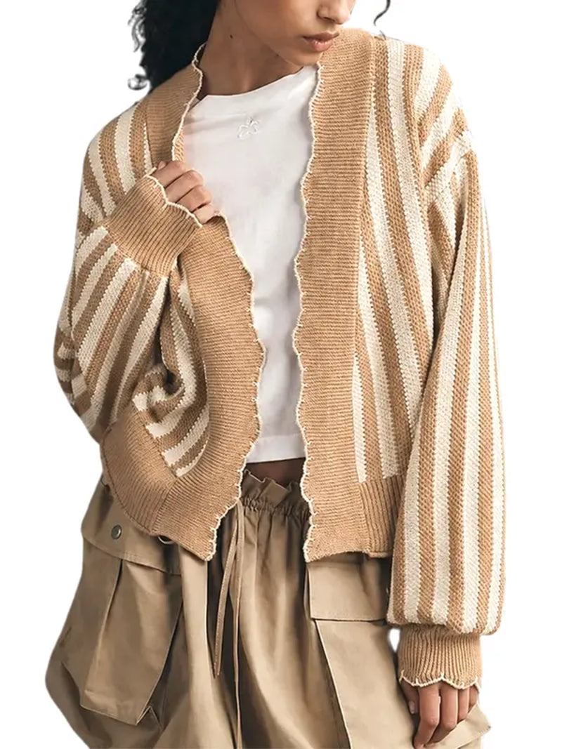Women Striped Collared Open Front Cardigan Contrast Stitch Long Sleeve Sweater