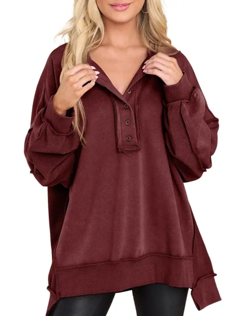 Hot Sale-Women's Oversized Henley Casual Buttoned Sweatshirt