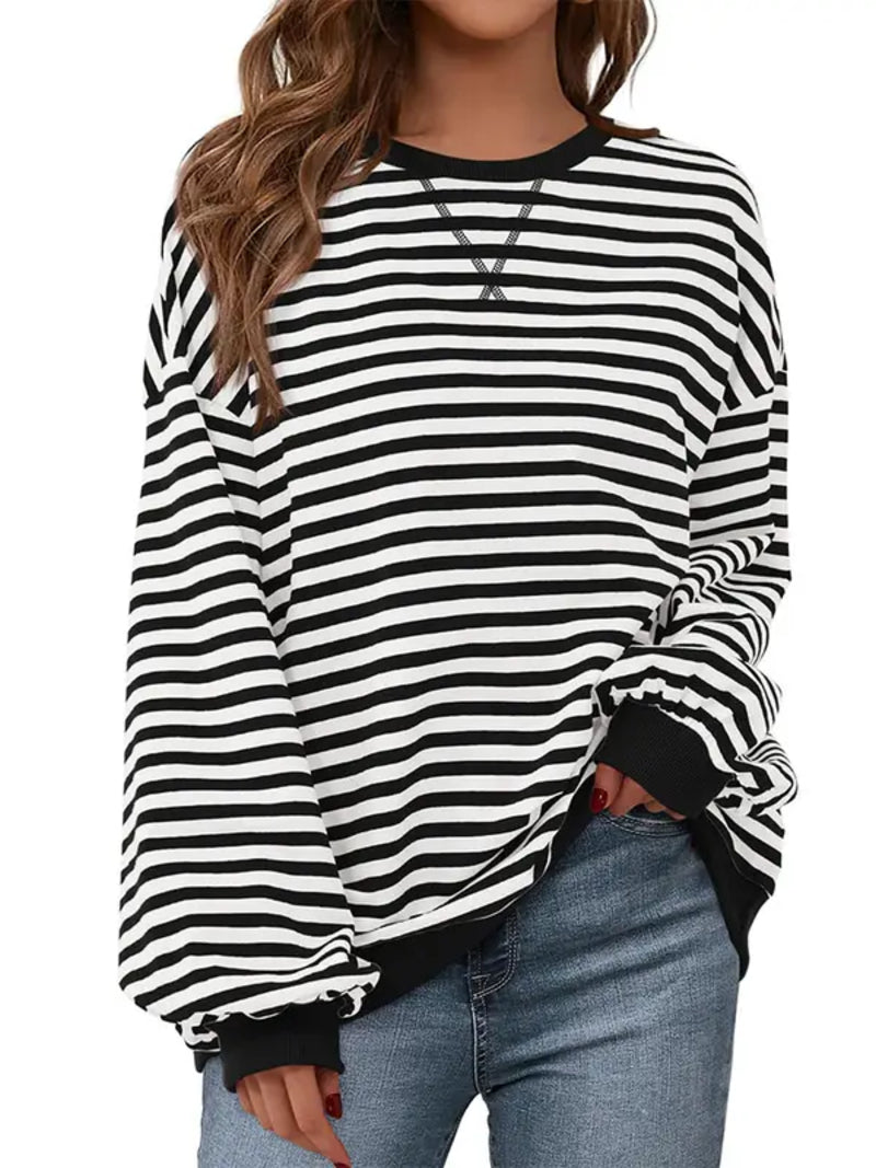 Women Striped Crew Neck Lantern Long Sleeve Loose Sweatshirt Top