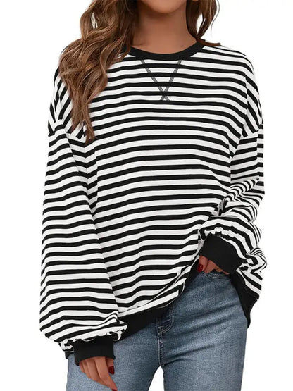 Women Striped Crew Neck Lantern Long Sleeve Loose Sweatshirt Top