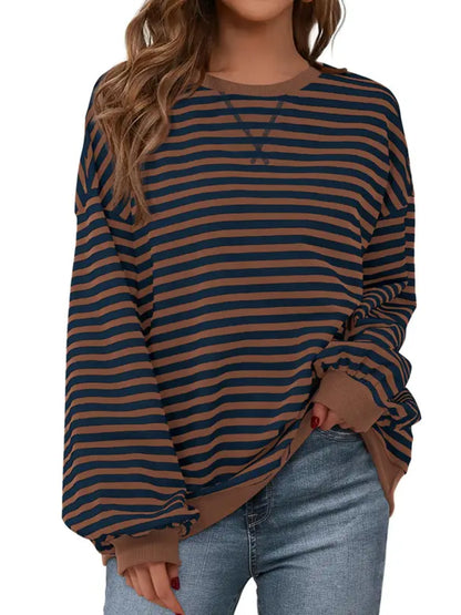 Women Striped Crew Neck Lantern Long Sleeve Loose Sweatshirt Top