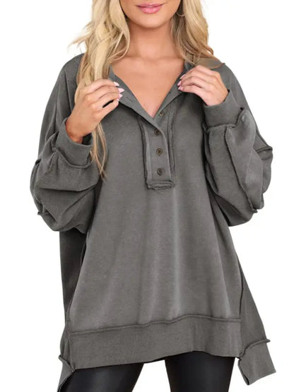 Hot Sale-Women's Oversized Henley Casual Buttoned Sweatshirt