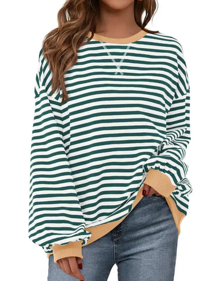 Women Striped Crew Neck Lantern Long Sleeve Loose Sweatshirt Top