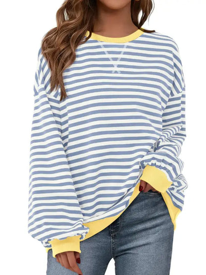 Women Striped Crew Neck Lantern Long Sleeve Loose Sweatshirt Top