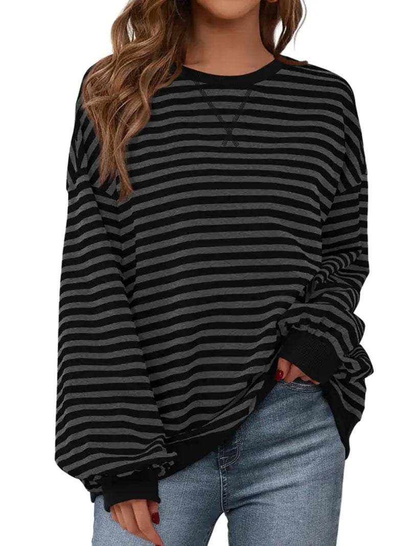 Women Striped Crew Neck Lantern Long Sleeve Loose Sweatshirt Top