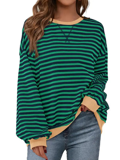 Women Striped Crew Neck Lantern Long Sleeve Loose Sweatshirt Top