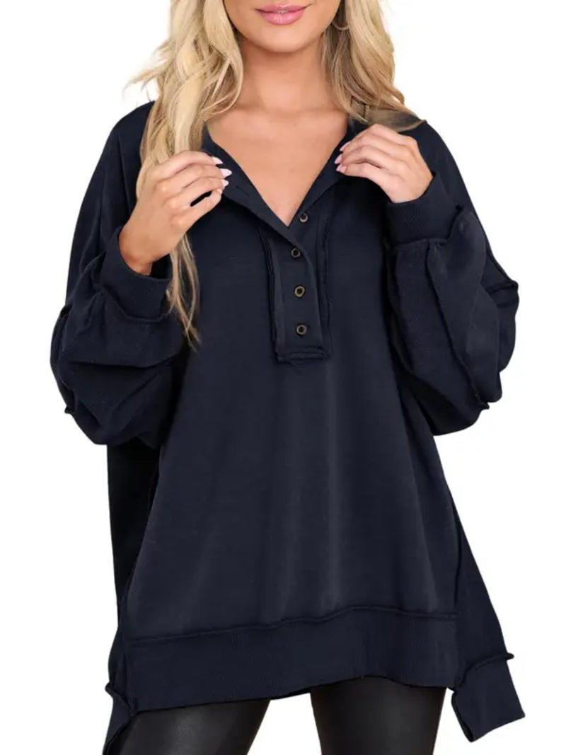Hot Sale-Women's Oversized Henley Casual Buttoned Sweatshirt