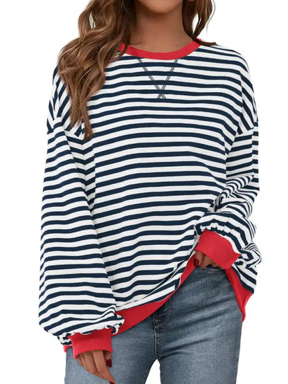 Women Striped Crew Neck Lantern Long Sleeve Loose Sweatshirt Top