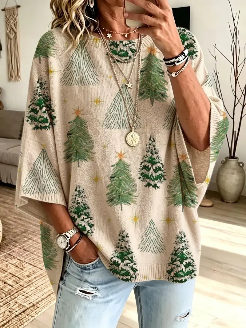 Christmas Loose Round Neck Bat Sleeve Knit Top for Women