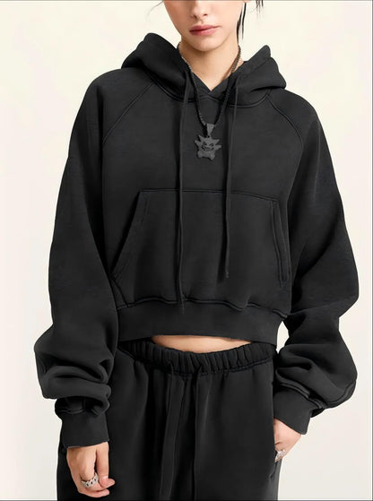 Retro Washed Drawstring Cropped Hooded Sweatshirt
