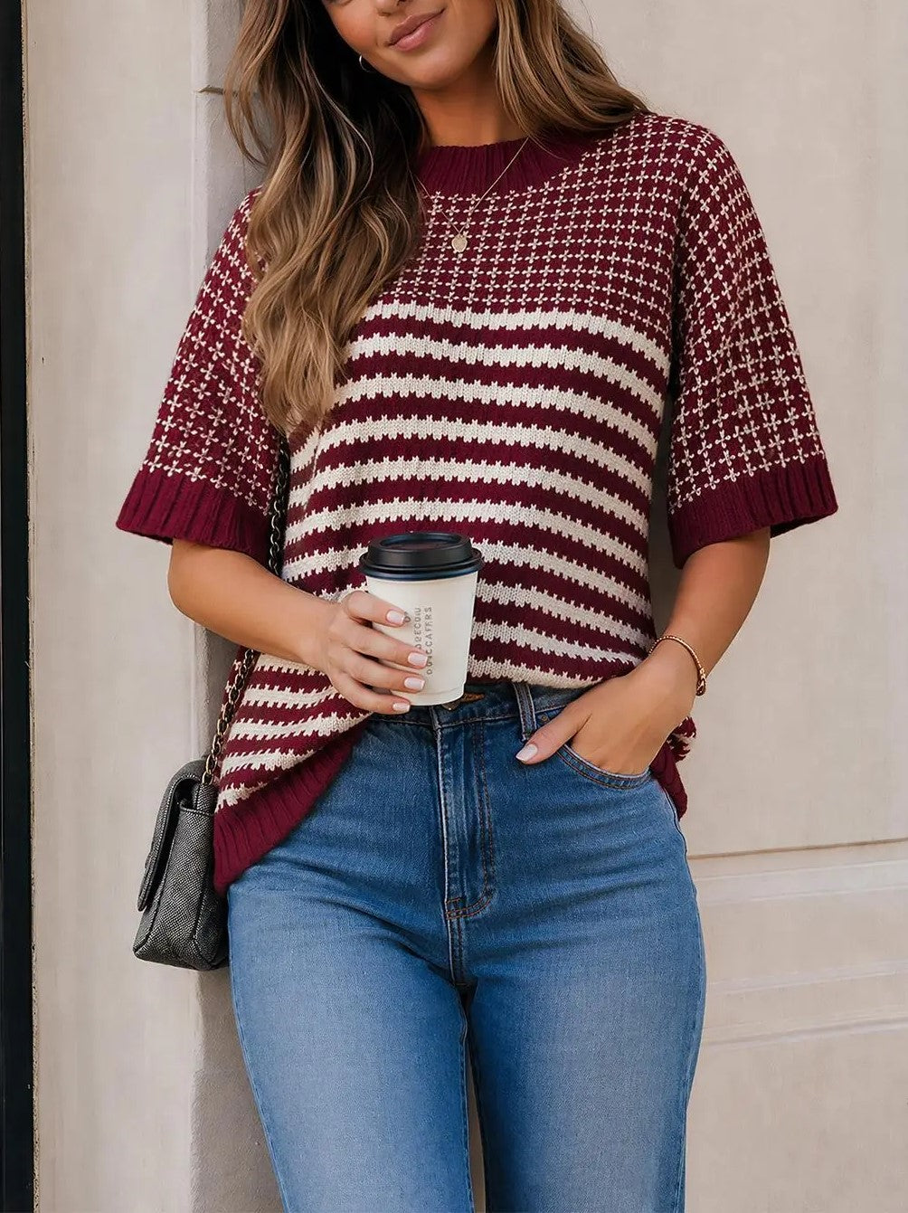Raglan Half Sleeve Striped Splice Knit Sweater
