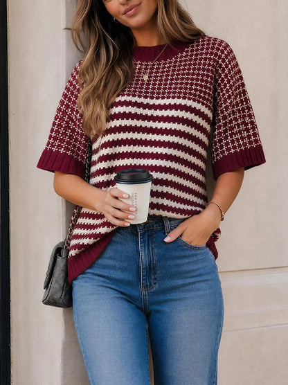 Raglan Half Sleeve Striped Splice Knit Sweater