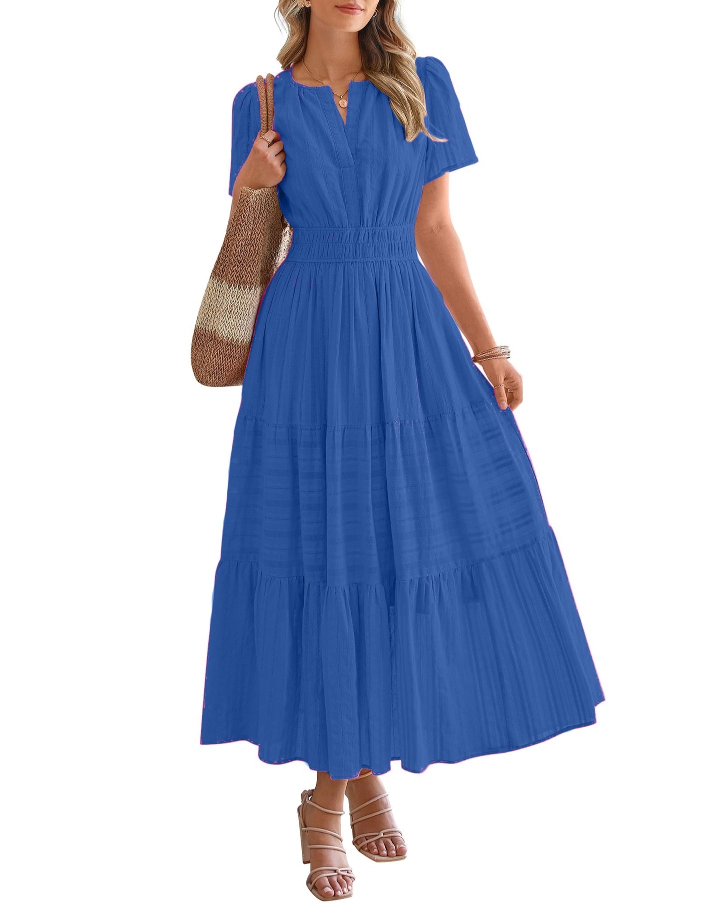 Women's Lightweight Short Sleeve V Neck Elastic Waist Dresses