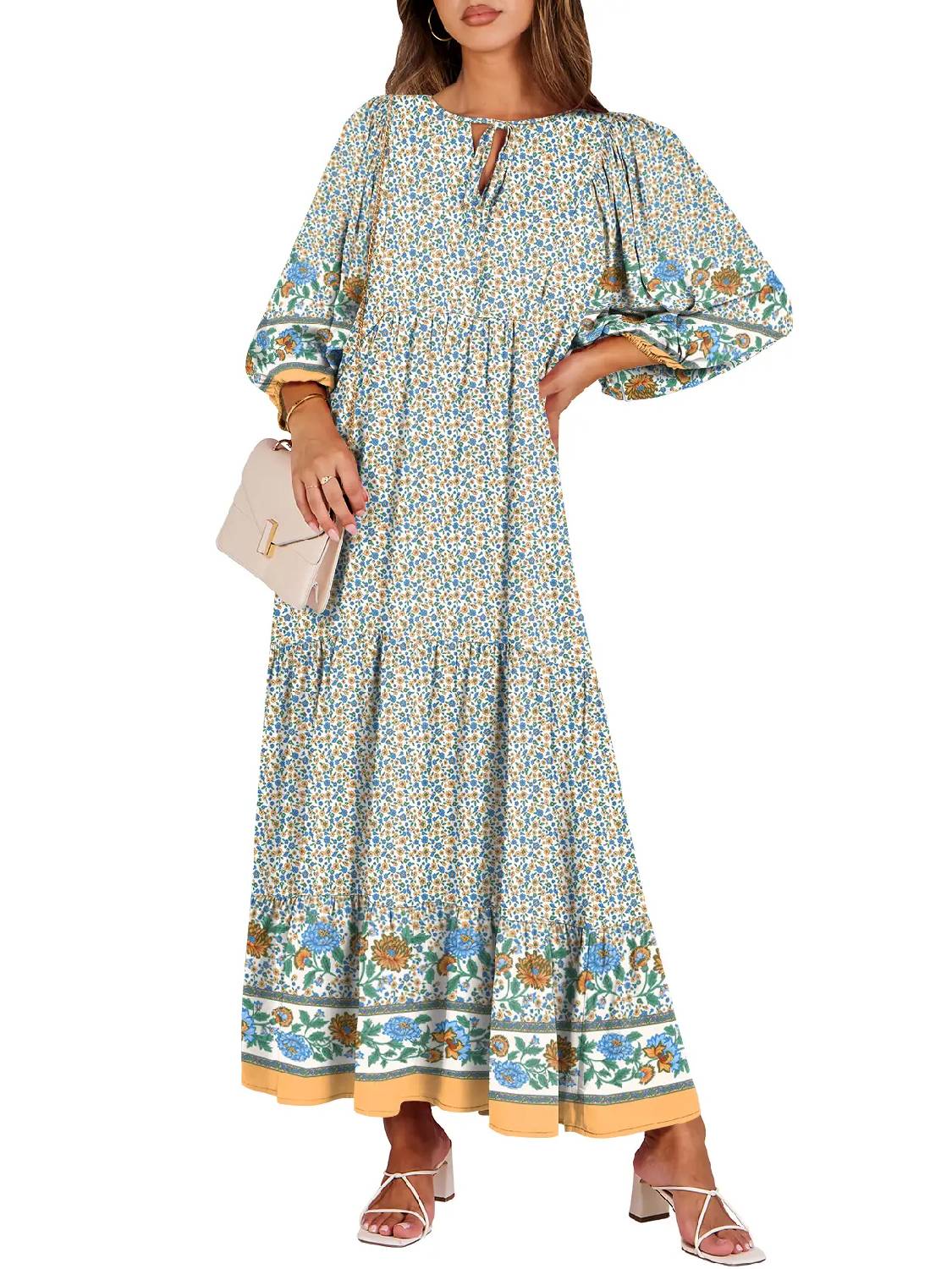 ⏰Hot Sale-Women's Puff Sleeve Floral Boho Maxi Dress