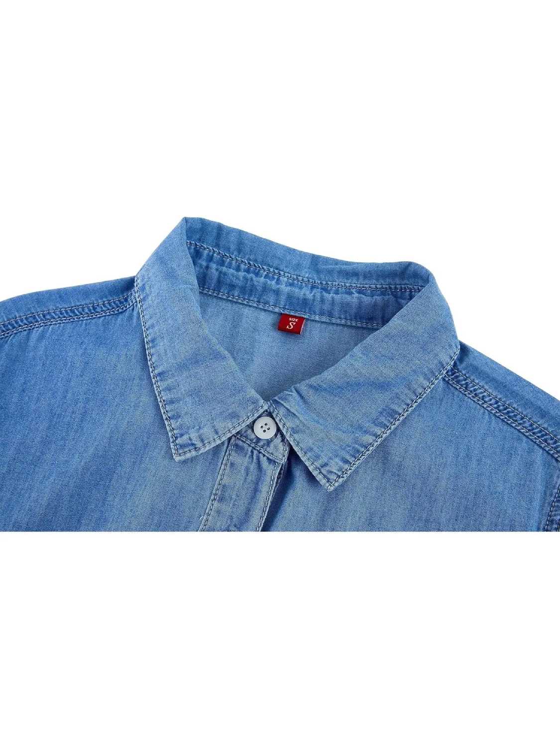 Women Tie Waist Denim Shirt Dress