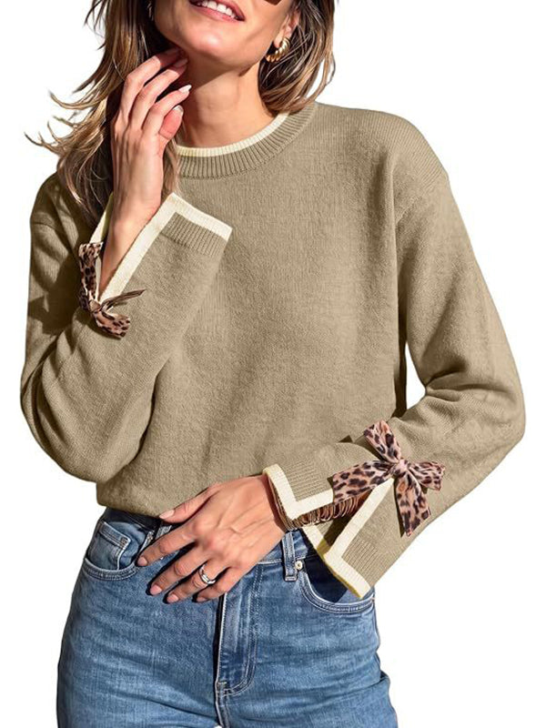 Women Crew Neck Contrast Trim Pullover Sweater With Leopard Print Bow Cuffs