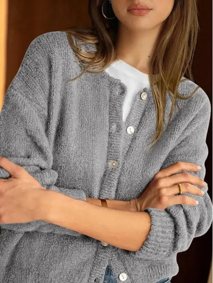 Round Neck Button Long Sleeve Knit Cardigan