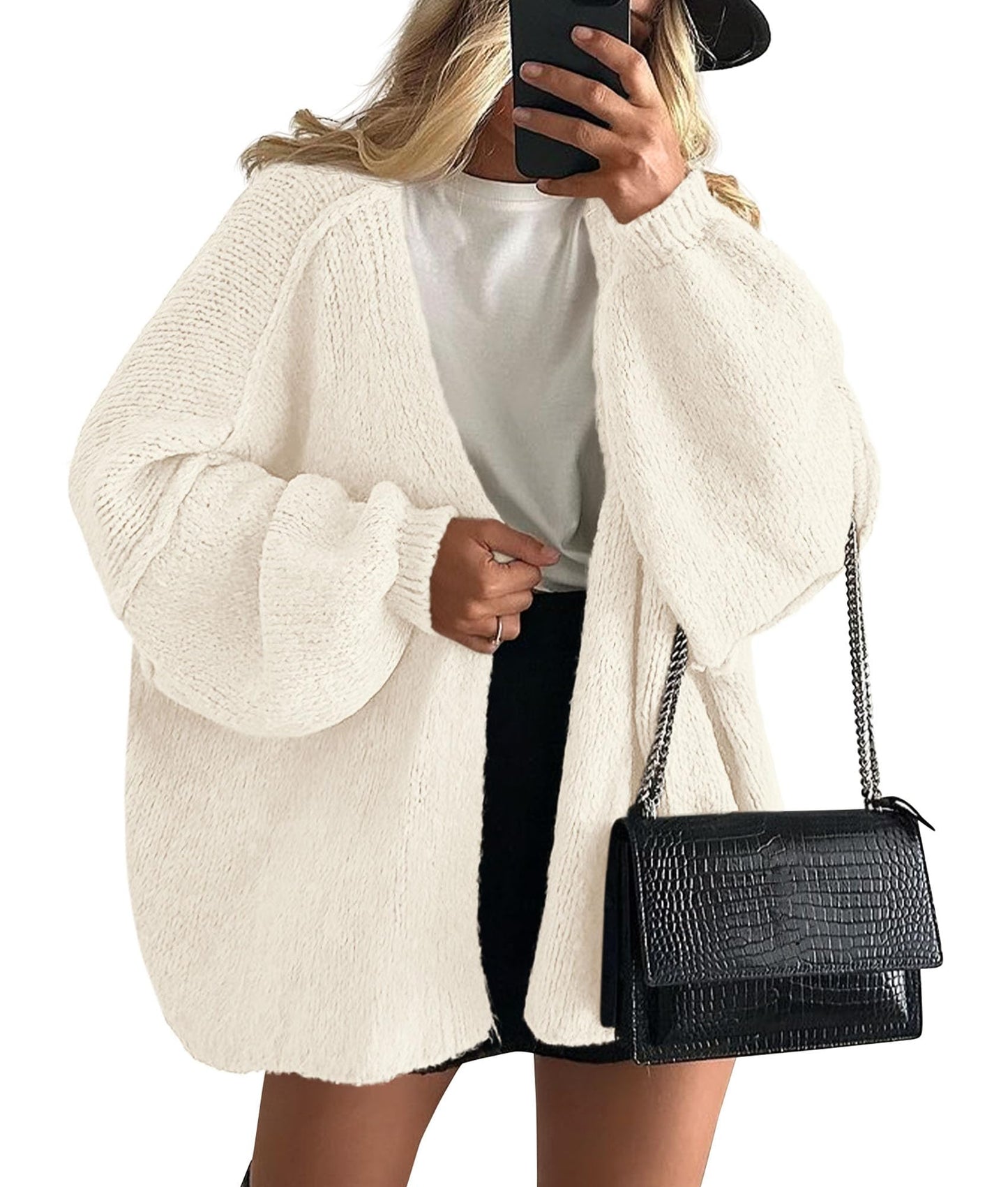 Oversized Lantern Sleeve Open Front Knit Cardigan